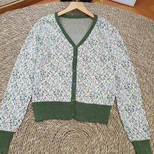 🌿 Green Ditsy Floral Knit Cardigan V-Neck Button Front Cottagecore Sweater 🌼